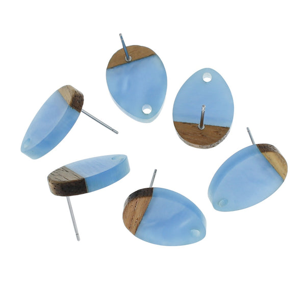 Wood Stainless Steel Earrings - Blue Resin Teardrop Studs - 17mm x 13mm - 2 Pieces 1 Pair - ER296