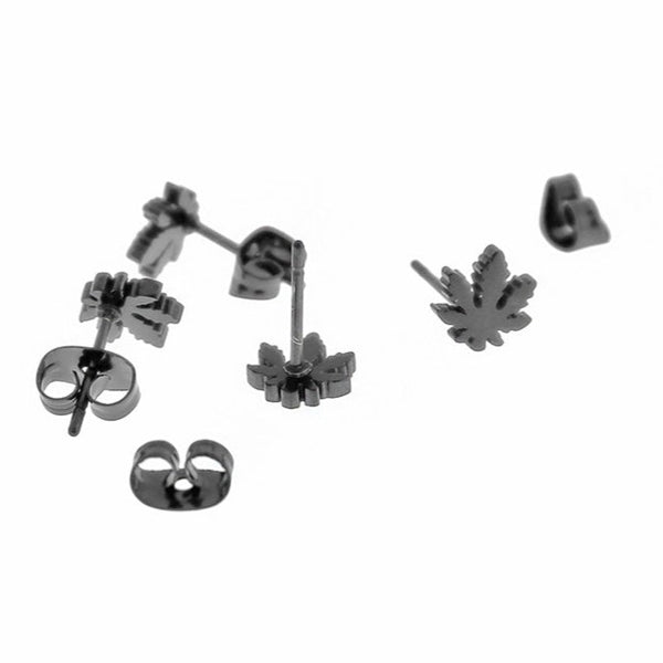 Gunmetal Black Stainless Steel Earrings - Weed Leaf Studs - 7mm - 2 Pieces 1 Pair - ER432