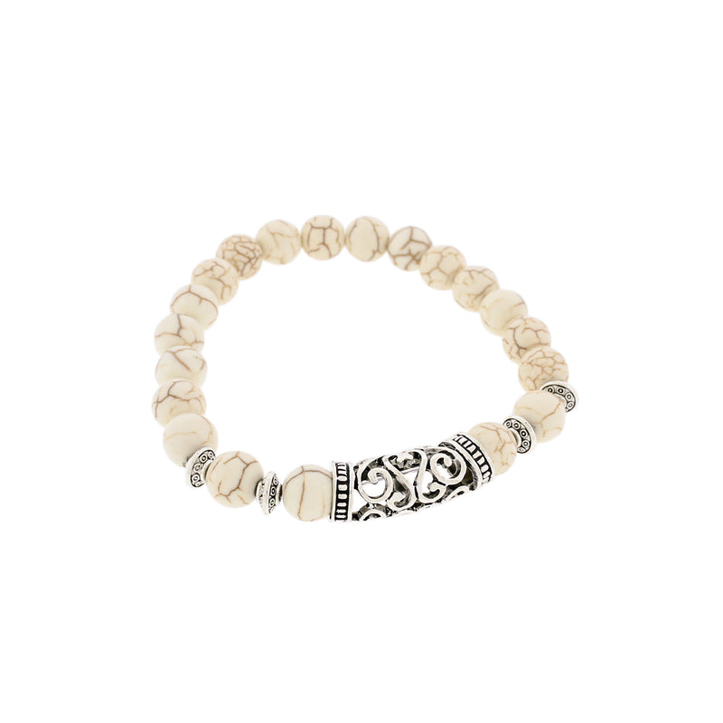 Bracelets de perles rondes en howlite blanche 56 mm - Bélière argentée antique - 5 bracelets - BB244