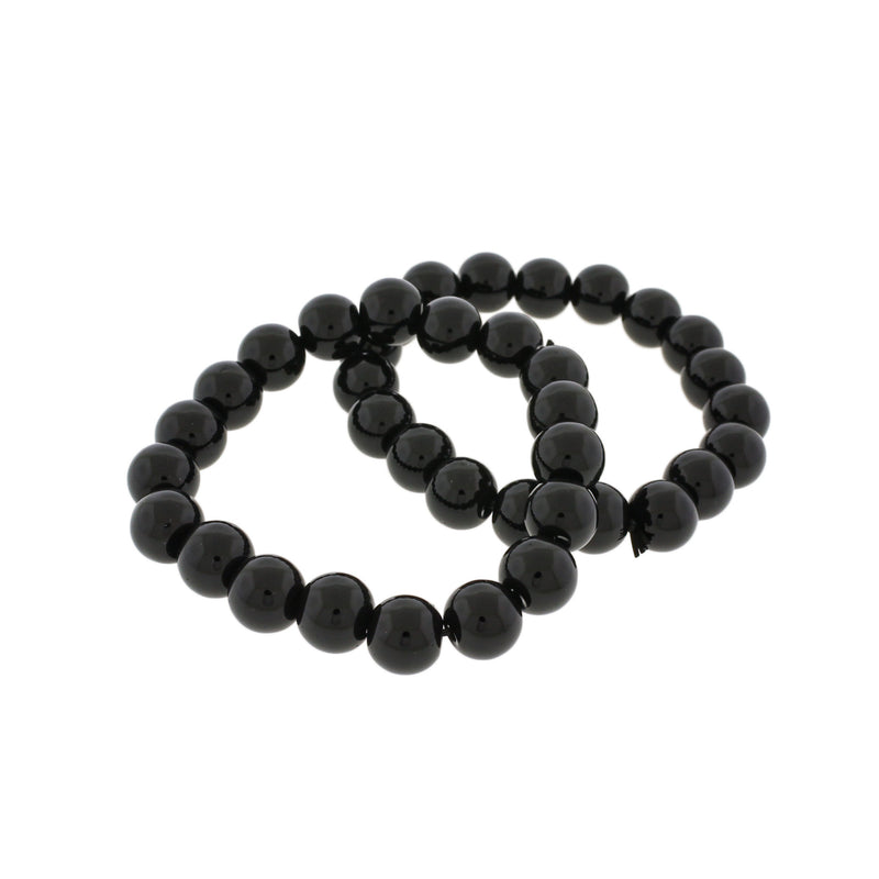 Round Glass Bead Bracelets - 42mm - Polished Black - 5 Bracelets - BB046