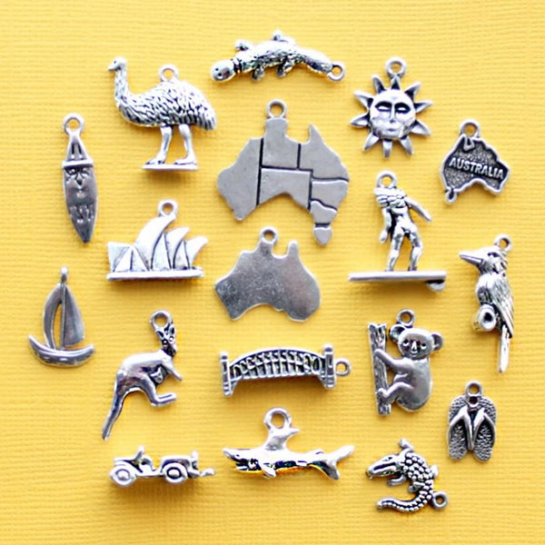 Deluxe Australia Charm Collection Antique Silver Tone 18 Charms - COL329