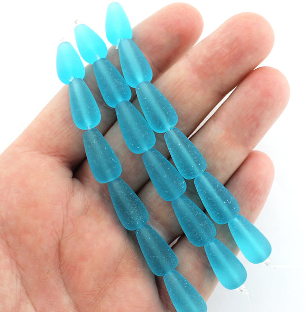 Teardrop Cultured Sea Glass Beads 16mm x 8mm - Frosted Ocean Blue - 1 Strand 6 Beads - U167
