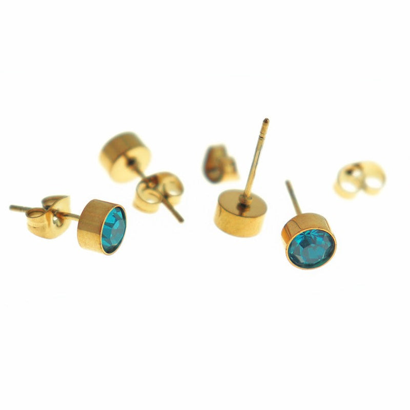 Gold Stainless Steel Birthstone Earrings - December - Zircon Cubic Zirconia Studs - 15mm x 7mm - 2 Pieces 1 Pair - ER553