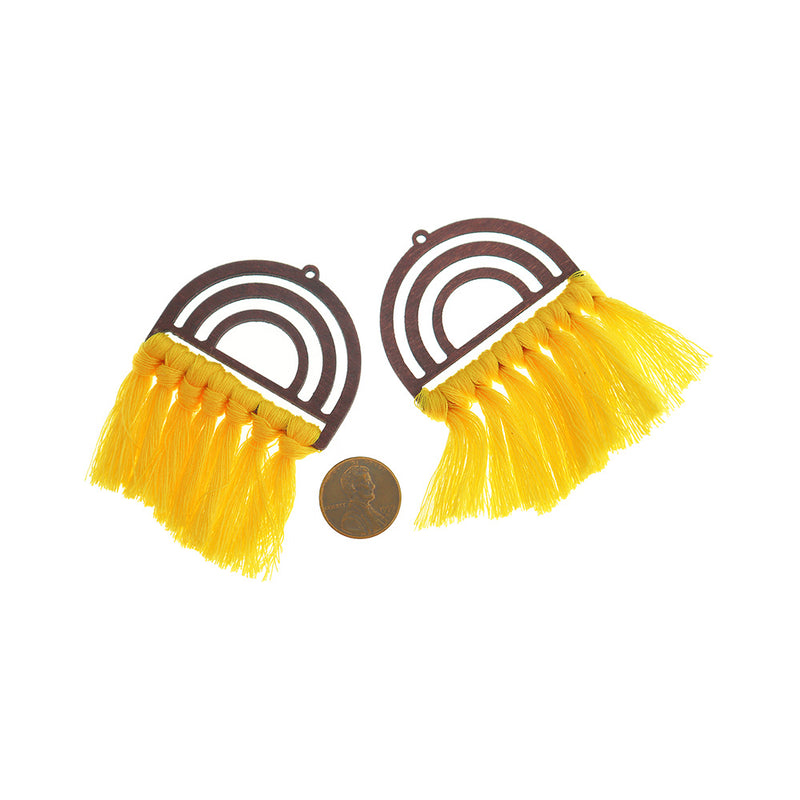 Polycotton Fan Tassels - Natural Wood and Yellow - 2 Pieces - TSP322