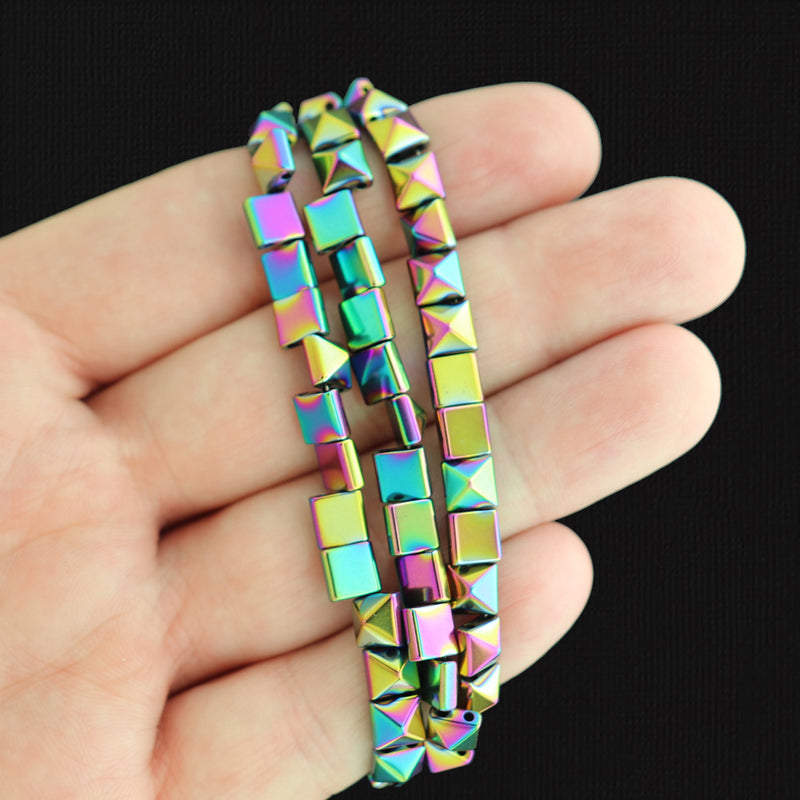 Pyramid Imitation Hematite Two Hole Beads 5.5mm x 6mm x 4mm - Electroplated Rainbow - 1 full 17" Strand 68 Beads - BD1180