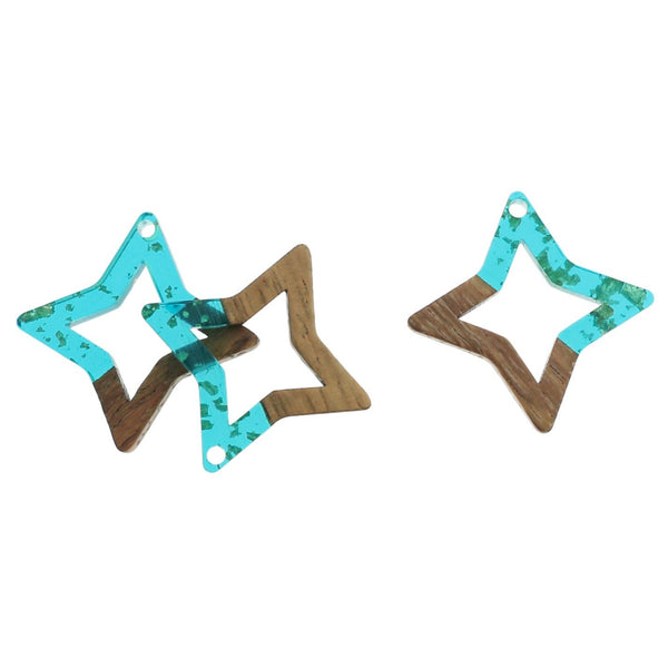 SALE 2 Star Natural Wood and Blue and Gold Resin Charms 29mm - WP394
