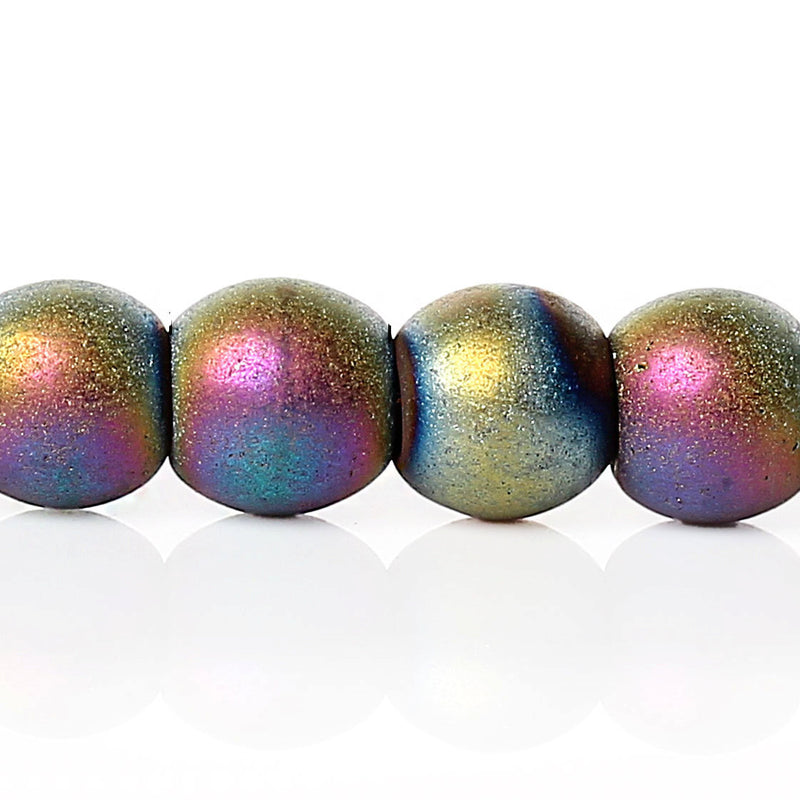 Round Natural Hematite Beads 4mm - Frosted Electroplated Rainbow - 1 Strand 110 Beads - BD623