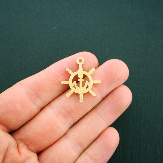 6 Ships Wheel Antique Gold Tone Charms - GC884