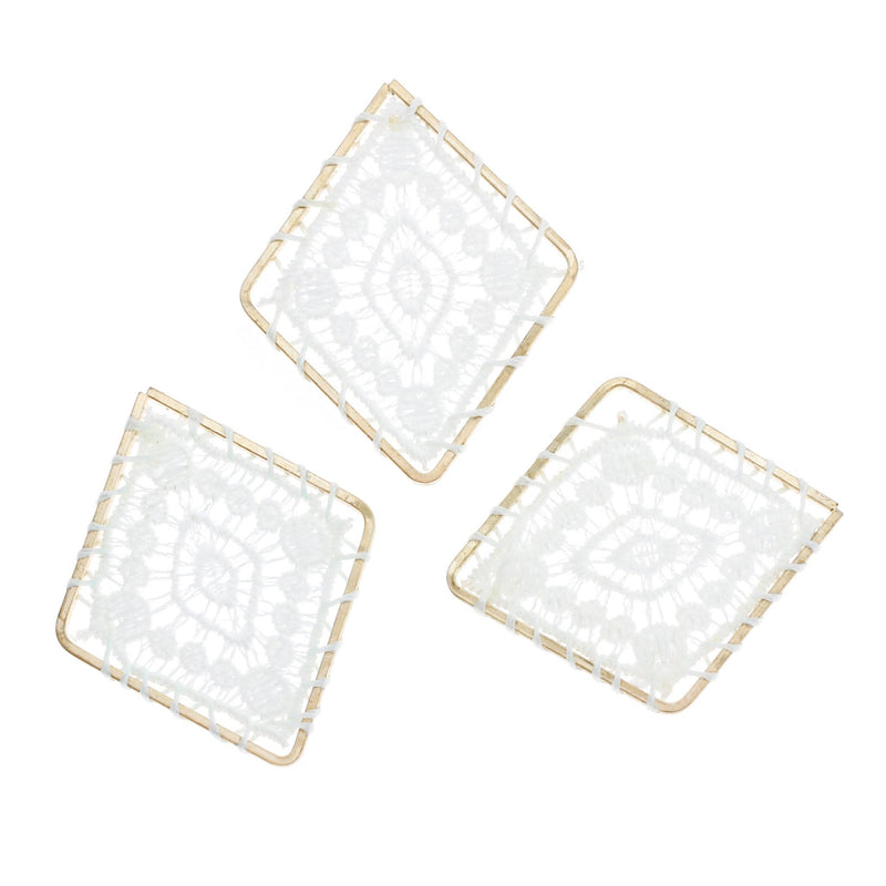 2 White Woven Lace Rhombus Gold Tone Pendants - TSP240