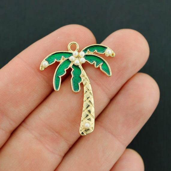Palm Tree Gold Tone Enamel With Imitation Pearls Charm - E636