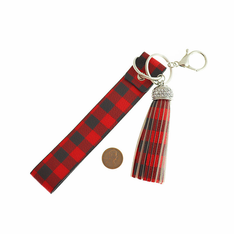 Porte-clés en similicuir à carreaux rouge - 30 mm - 1 pièce - Z532