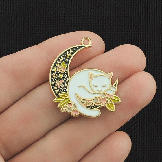 2 breloques en émail doré chat croissant de lune fleuri - E1109