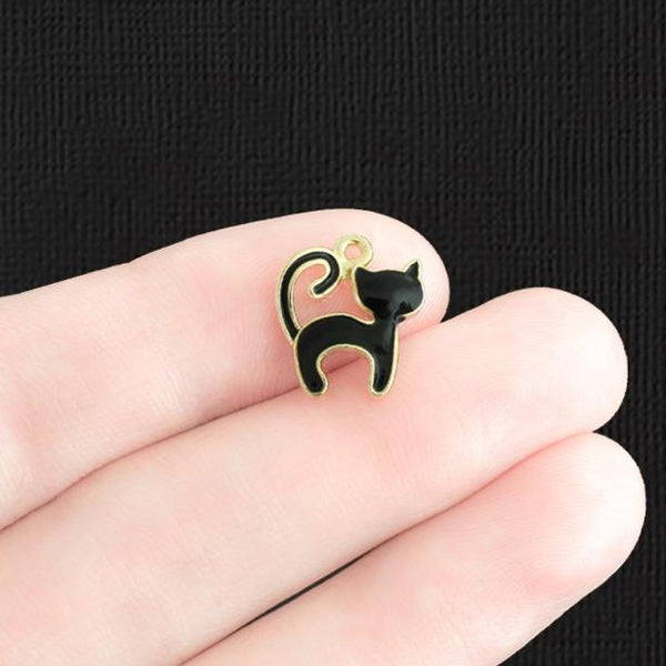 4 Black Cat Gold Tone Enamel Charms - E574