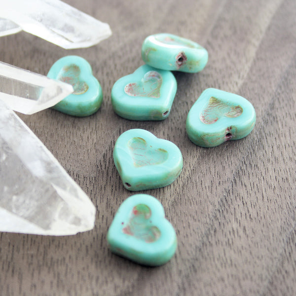 Heart Czech Pressed Glass Beads 14mm x 12mm - Picasso Turquoise - 4 Beads - CB299
