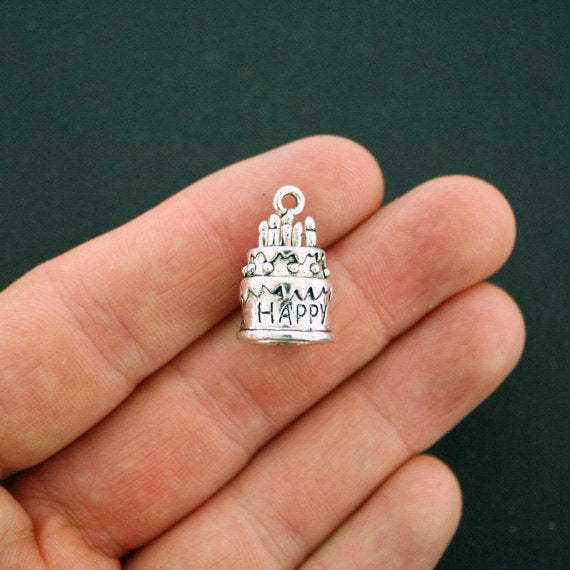 4 Birthday Cake Antique Silver Tone Charms 3D - SC5716