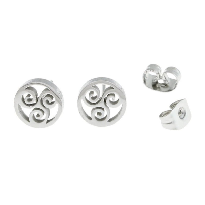 Stainless Steel Earrings - Triskele Triple Spiral Studs - 8.5mm x 2mm - 2 Pieces 1 Pair - ER235