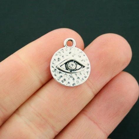 5 Evil Eye Antique Silver Tone Charms With Inset Rhinestone - SC6616