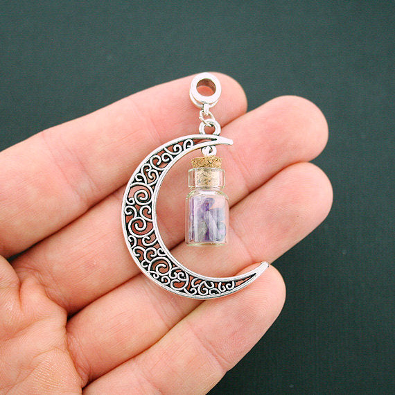 2 Natural Amethyst Crescent Moon Wish Bottle Glass Charms - GEM052