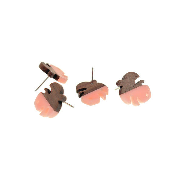 Wood Stainless Steel Earrings - Light Pink Resin Leaf Studs - 19.5mm x 17mm - 2 Pieces 1 Pair - ER762