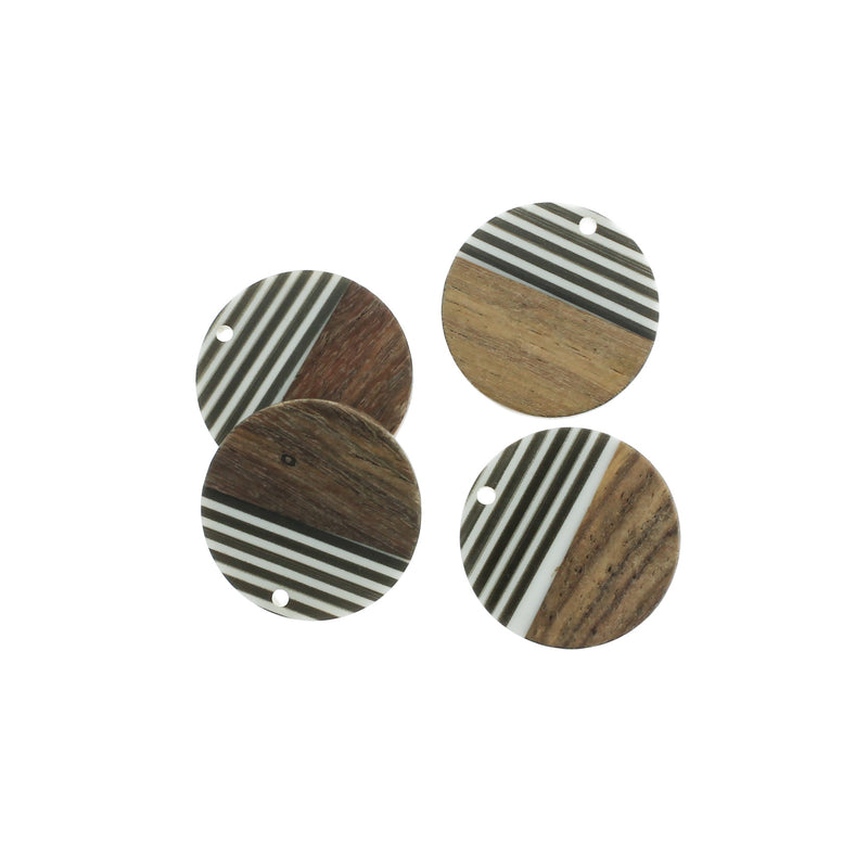 2 Round Natural Wood and Black White Striped Resin Charms 28mm - WP175