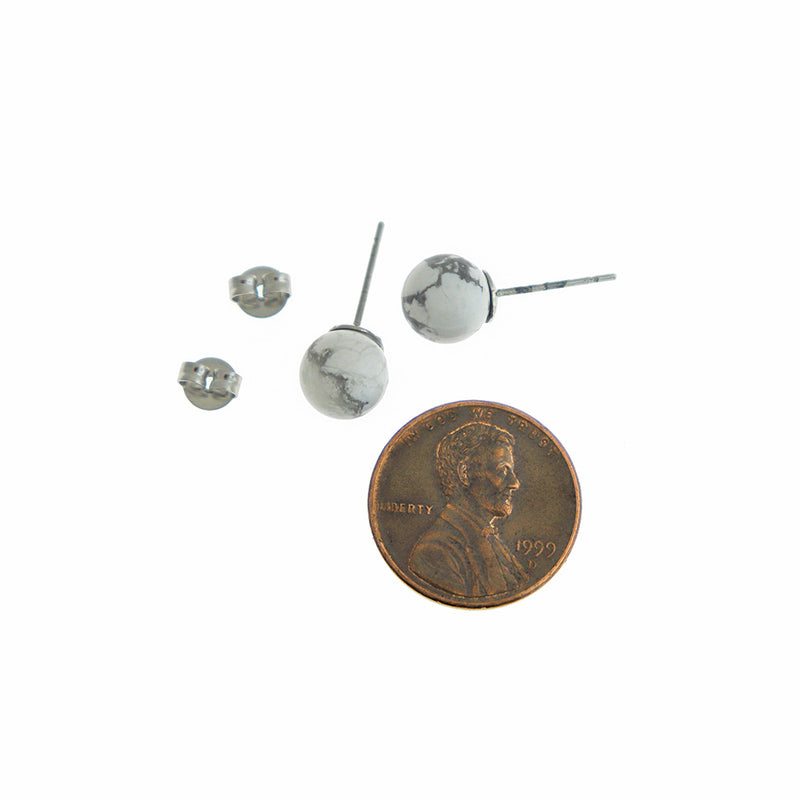 Boucles d'oreilles en laiton argenté - Imitation Howlite Gemstone Ball Studs - 8mm - 2 pièces 1 paire - ER573
