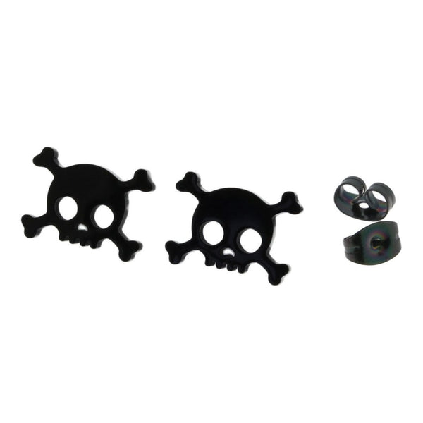 Boucles d'oreilles en acier inoxydable noir Gunmetal - clous tête de mort - 14 mm x 10 mm - 2 pièces 1 paire - ER049