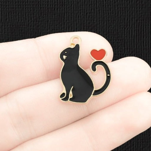 4 Black Cat Gold Tone Enamel Charms - E1278