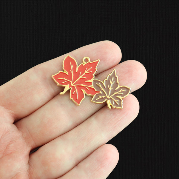 4 Maple Leaf Gold Tone Enamel Charms - E1590