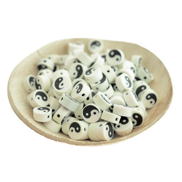 Perles Rondes Plates en Pâte Polymère 10mm x 5mm - Yin Yang Noir et Blanc - 50 Perles - BD2234