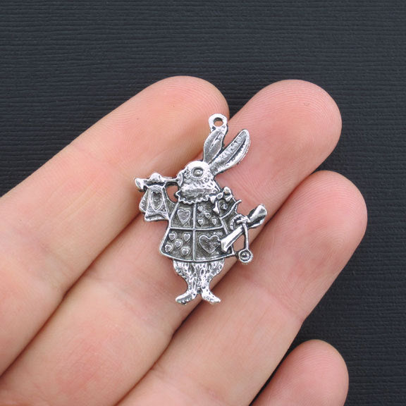 5 White Rabbit Antique Silver Tone Charms - SC3387