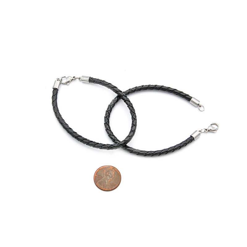 Bracelets en cuir noir fermoir mousqueton en acier inoxydable 7" - 3,8 mm - 5 bracelets - N685