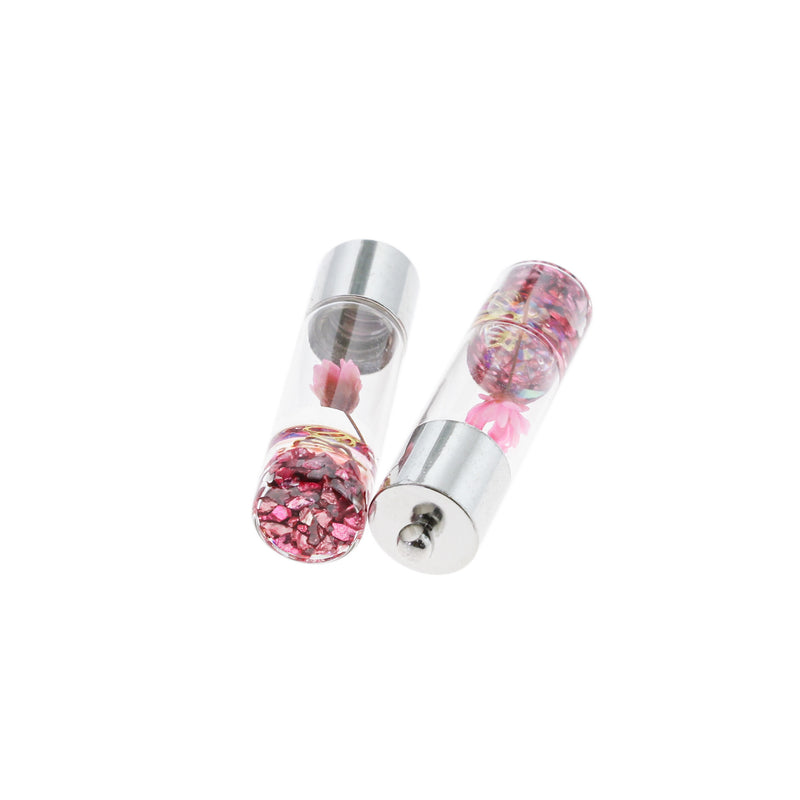 2 pendentifs bouteille de souhaits en verre floral rose 3D - Z1058
