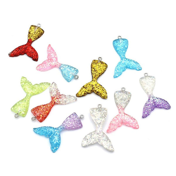 6 Mermaid Tail Resin Charms Assorted Colors 2 Sided - K349