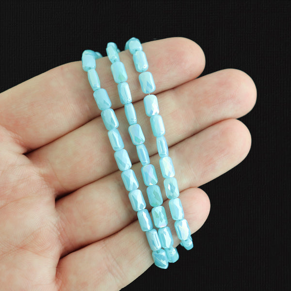 Faceted Rectangle Glass Beads 7mm x 4mm - Electroplated Blue - 1 Strand 80 Beads - BD1250