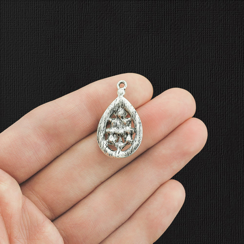 2 Teardrop Antique Silver Tone Charms with Inset Rhinestones - E1194