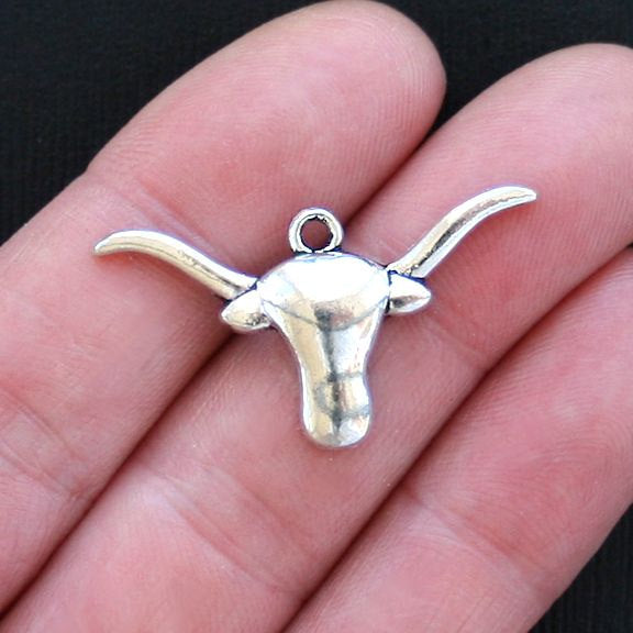 8 Longhorn Antique Silver Tone Charms 2 Sided - SC2811