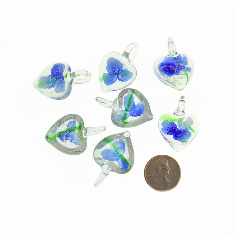 BULK 5 Blue Floral Lampwork Glass Pendants 3D - Z468
