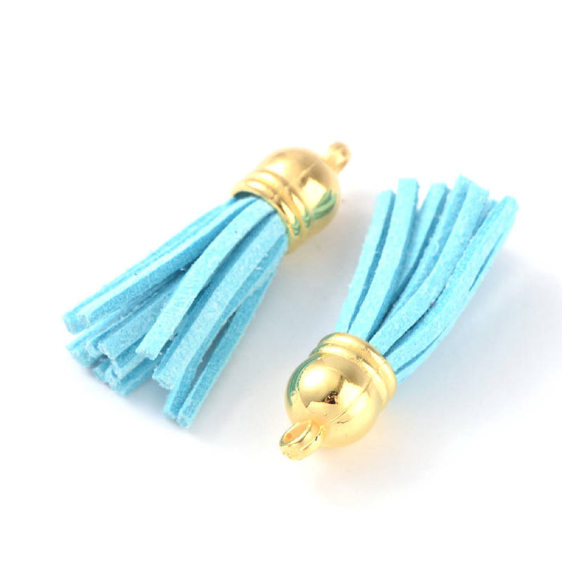 SALE Suede Tassels - Sky Blue and Gold Tone - 4 Pieces - Z170