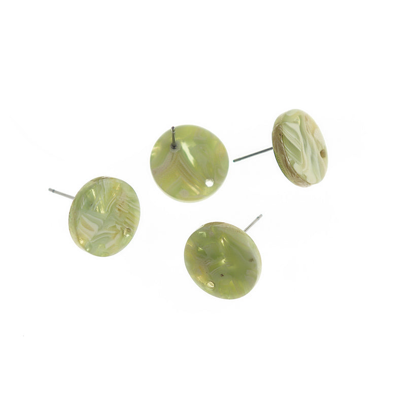 Resin Stainless Steel Earrings - Green Swirl Studs With Hole - 15.5mm x 2.5mm - 2 Pieces 1 Pair - ER484