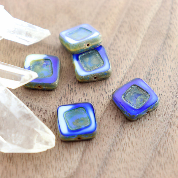 Square Czech Table Cut Glass Beads 14mm - Picasso Royal Blue - 2 Beads - CB350