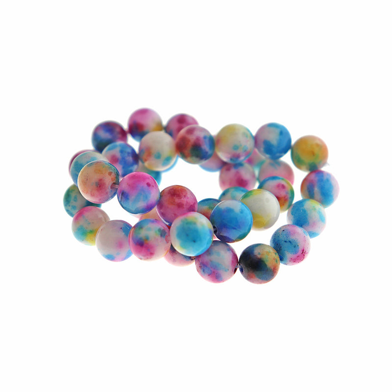 Round Natural White Jade Beads 10mm - Mottled White, Purple and Blue - 1 Strand 40 Beads - BD116