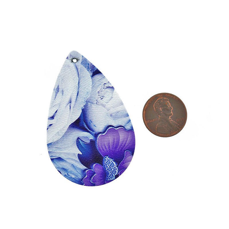 Imitation Leather Teardrop Pendants - Purple Floral - 4 Pieces - LP025