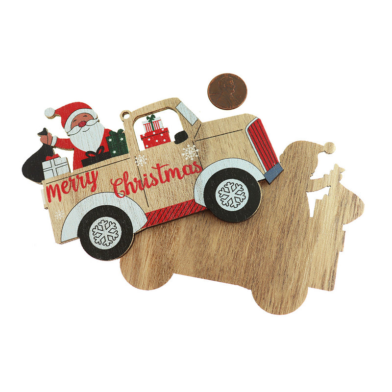 2 breloques en bois naturel Joyeux Noël Père Noël - WP309