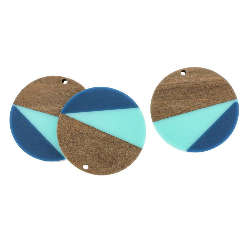Round Natural Wood and Resin Charm 38mm - Turquoise and Blue - WP574