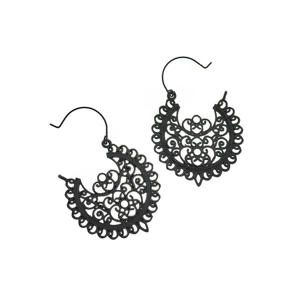 Black Filigree Earrings - Lever Hook Style - 53mm x 41mm - 2 Pieces 1 Pair - FD897