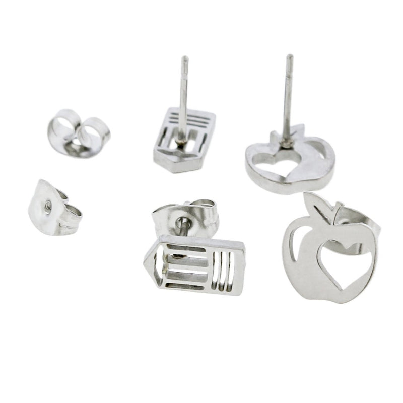 Teacher Earrings - Apple and Pencil Studs - 1 Pair - Choose Silver, Black, or Gold!