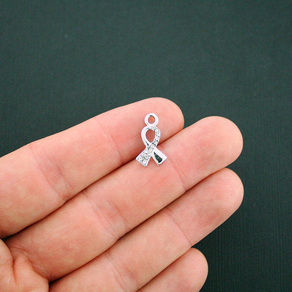 4 Awareness Ribbon Silver Tone Charms With Inset Rhinestones - SC6047