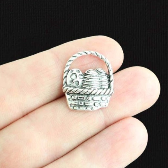 6 Easter Basket Antique Silver Tone Charms - SC976