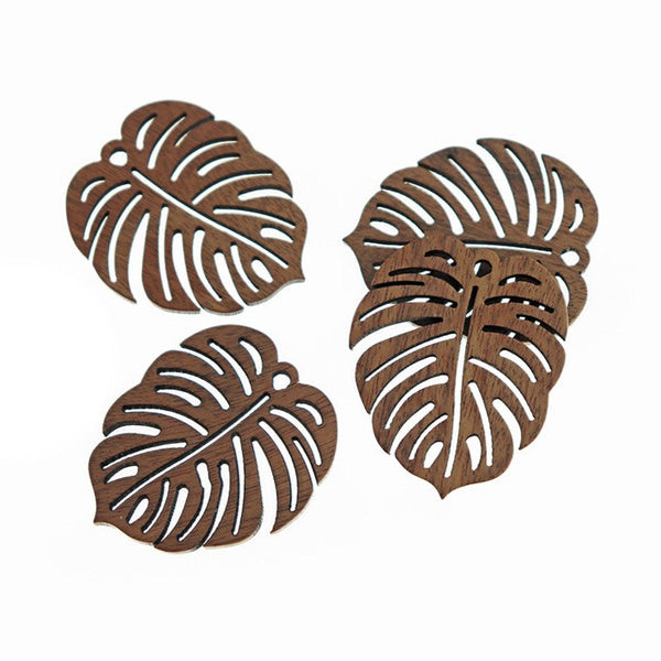 2 Tropical Leaf Natural Wood Charms 32mm - WP305