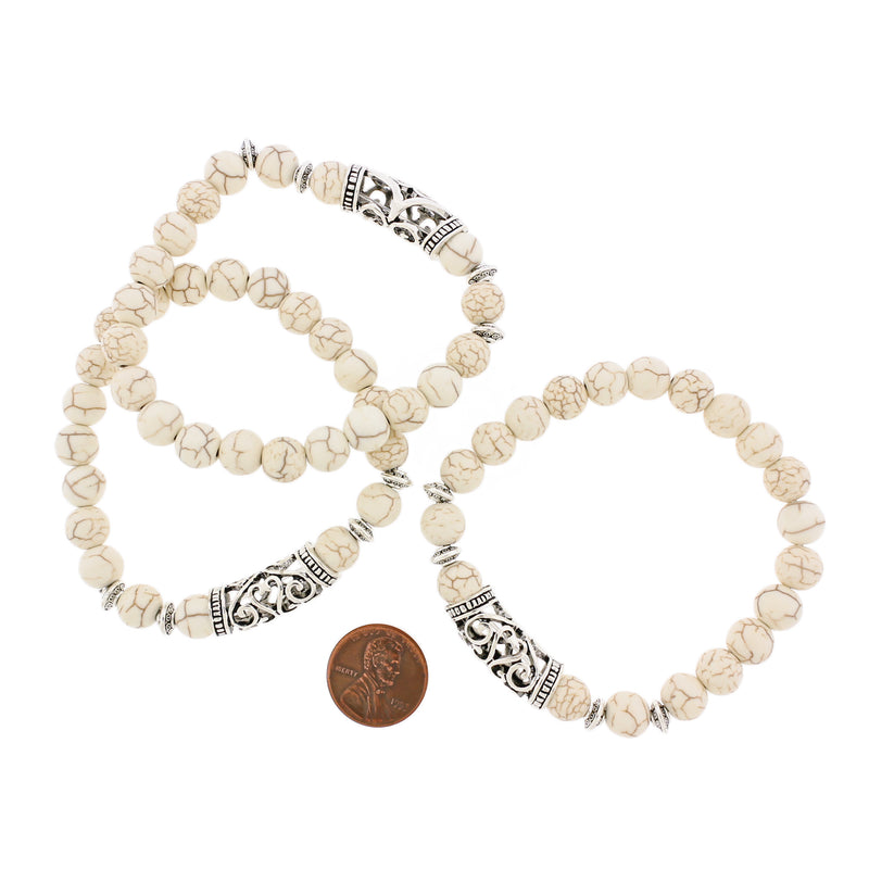 Bracelets de perles rondes en howlite blanche 56 mm - Bélière argentée antique - 5 bracelets - BB244